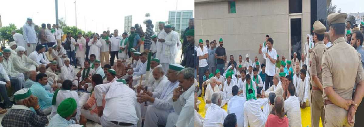 गाजियाबाद : किसानों ने वेव सिटी के मेन गेट को घेरा, धरने पर बैठे